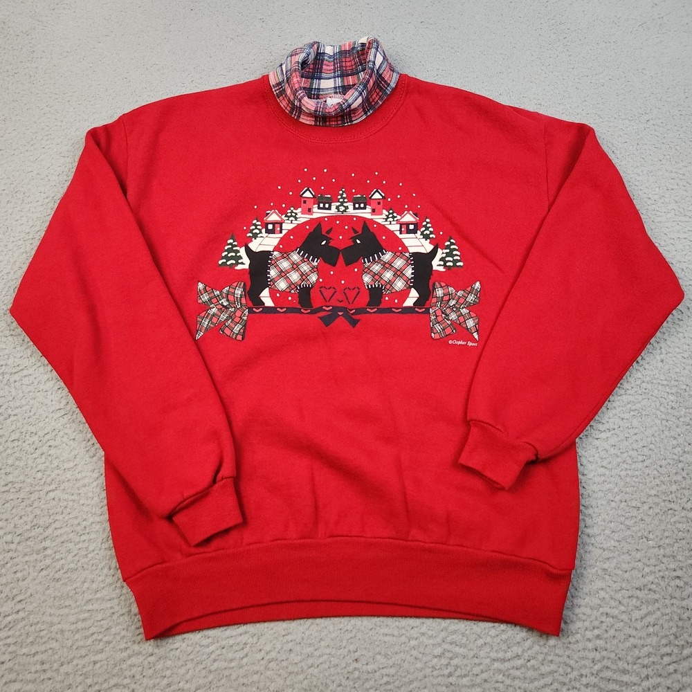 Scottie Dog Christmas Sweater Vintage Womens Large Argyle Turtleneck